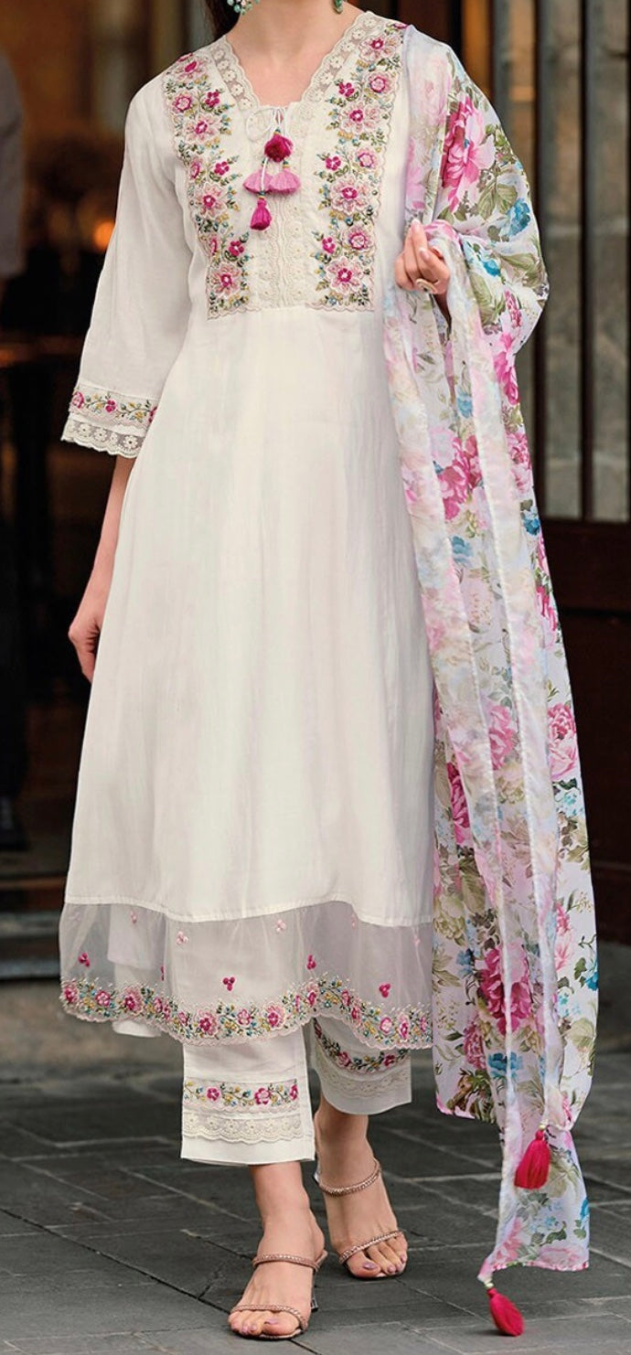 Embroidered Kurta With Trousers & Dupatta