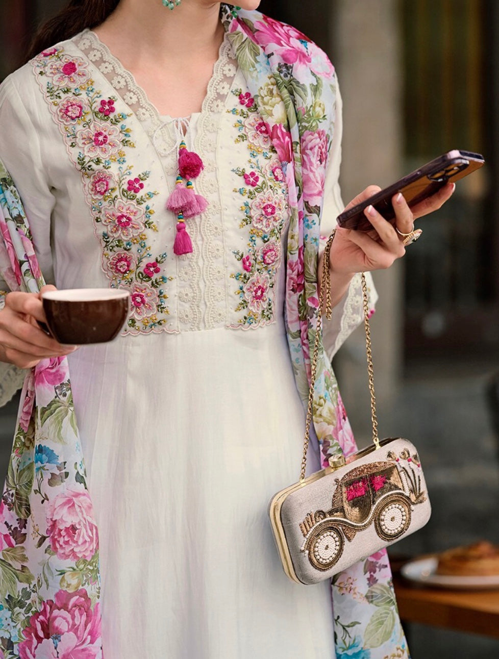 Embroidered Kurta With Trousers & Dupatta