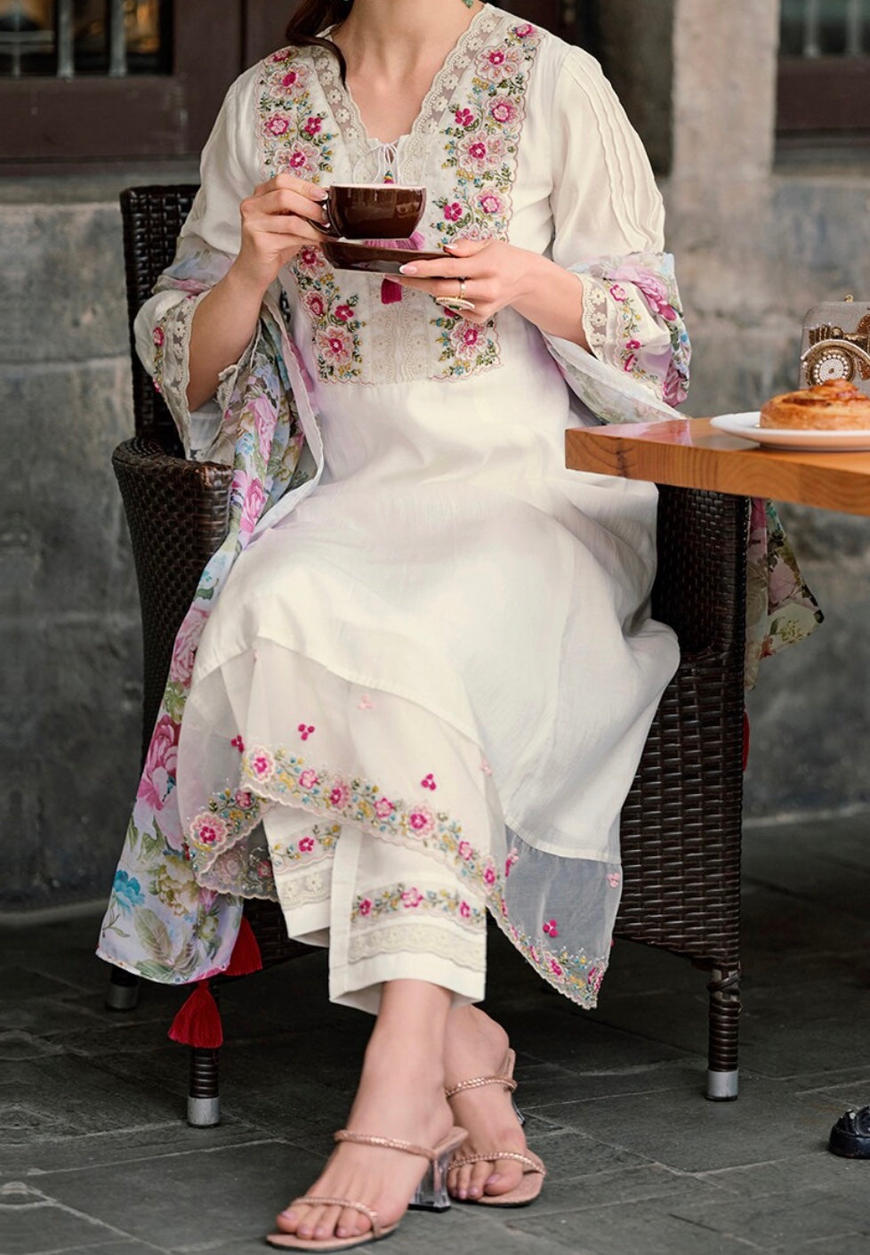 Embroidered Kurta With Trousers & Dupatta